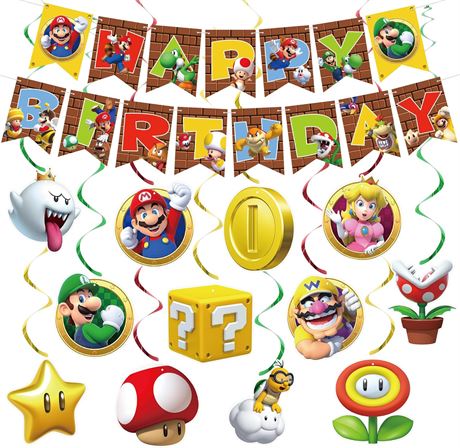 Mario Birthday Party Decorations, Banner and Hanging Swirls