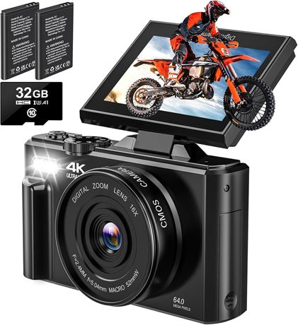 Caméra numérique 4K 64MP vlog YouTube écran flip zoom 18X + 2 piles