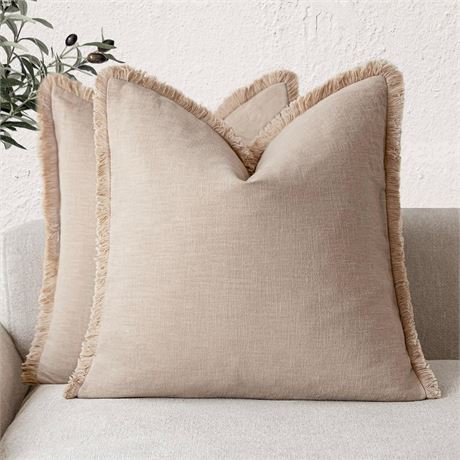 Foindtower Set of 2 Linen Fringe Throw Pillow Covers 20x20 Tan Beige