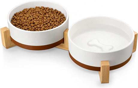 MALACASA Ceramic Dog Bowls Set with Wood Stand, 3.5 Cup, Non-Slip Base