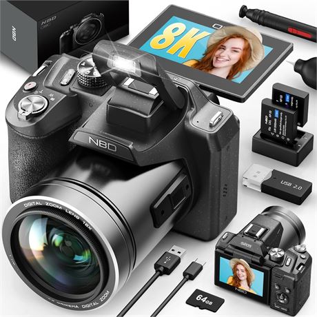 8K 64MP Digital Camera with 16x Zoom, WiFi, 180  Flip Screen