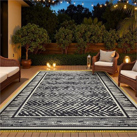 Tapis Extérieur LED Étanche 8x10 Noir Beige Antidérapant