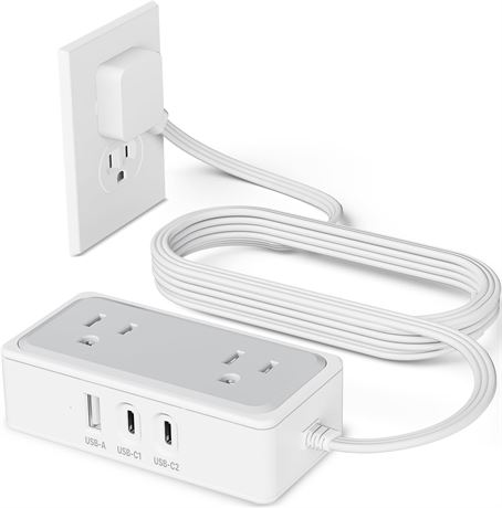 Flat Plug Power Bar 4FT, 2 Outlets + 3 USB (2 USB-C), Cruise Travel Essentials