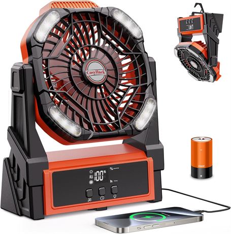 20000mAh Camping Fan with Lights, 4 Speeds, Rechargeable, Tent/Beach