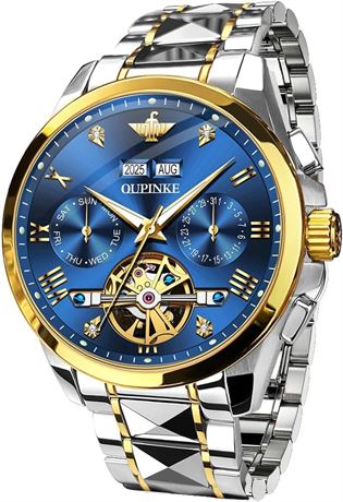 OUPINKE Men's Automatic Luxury Skeleton Watch Blue Gold