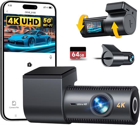 4K+1080P Dual Dash Cam Front Rear 64GB SD WiFi Night Vision