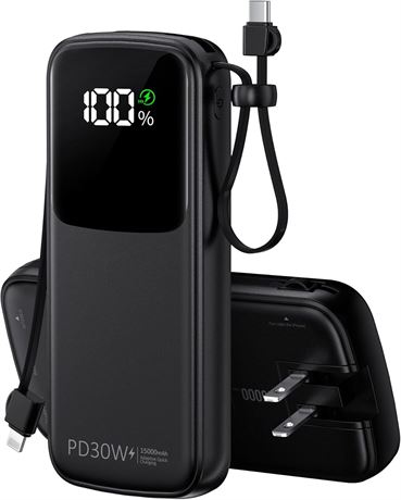 15000mAh Portable Charger, Fast Charging, Built-in Cables & Wall Plug, Black