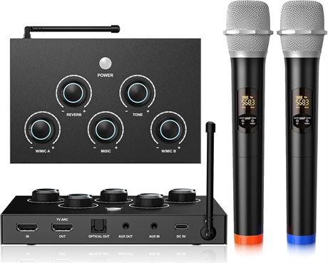 Wireless Karaoke Microphone Dual Handheld Mics HDMI AUX Optical 30m Range