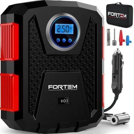 FORTEM Tire Inflator Portable Air Compressor 120 PSI 12V Digital Gauge Red