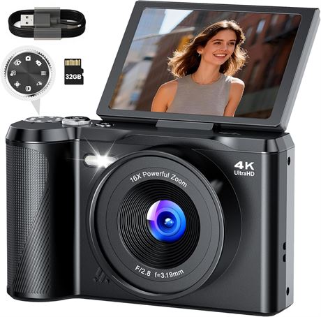Appareil photo num rique 4K, 56 MP, 16x zoom,  cran 180 , pour 8 16 ans