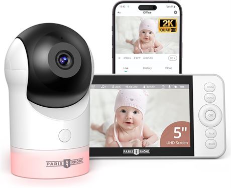 Paris Rhone 2K UHD Baby Monitor with 5" Screen, AI Motion & Cry Detection, WiFi