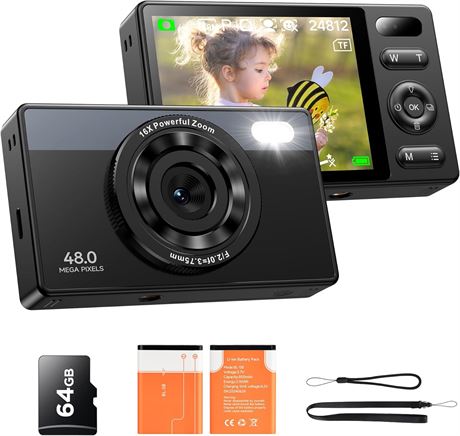 Appareil photo numérique enfant 64 Go, 48 MP, anti-secousses, zoom 16x