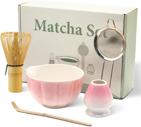 Matcha Whisk Set 5-Piece with Ceramic Bowl Spout Bamboo Whisk Scoop Pink