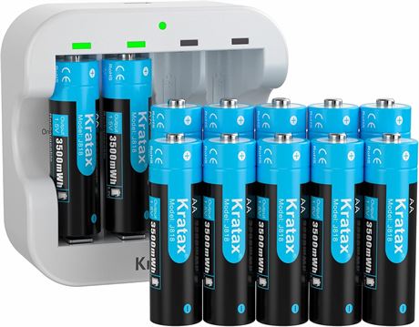 Kratax AA 1.5V Rechargeable Batteries, 12-Pack Fast-Charge Li-ion 3500mWh