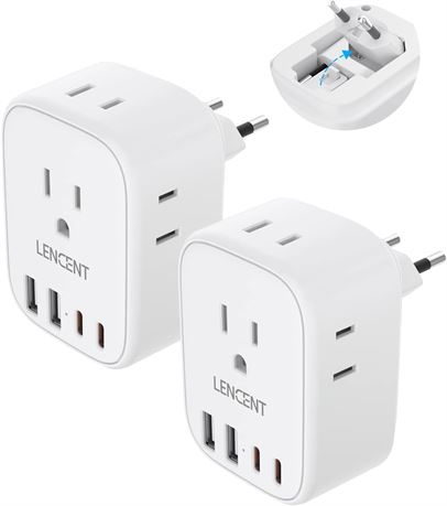 2 Pack European Travel Plug Adapter, US to EU, 4 USB Ports