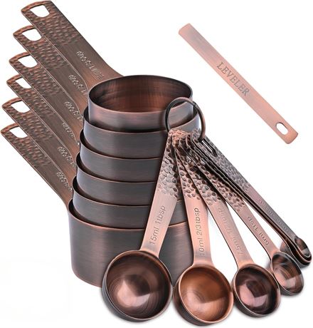 Smithcraft Copper Measuring Cups & Spoons: 6 Cups, 7 Spoons, Leveler, Rings