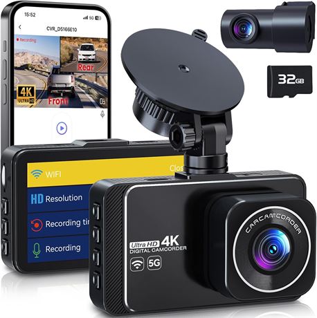 4K Front + 2K Rear Dash Cam with 5G WiFi, 32GB Card & Parking Mode