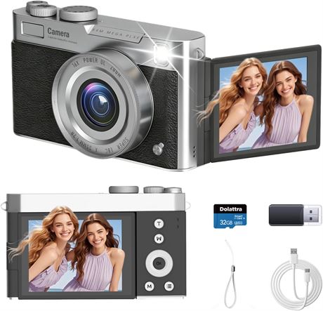 4K Digital Camera, Autofocus 64MP, 2.83" Flip Screen, 16X Zoom, 32GB Card