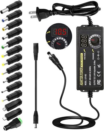 72W Adjustable Power Supply 3V–24V DC Adapter with 14 Tips & Converter