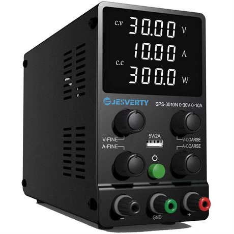 Jesverty DC Power Supply 30V 10A Adjustable Bench 4-Digit LED Display USB 5V/2A