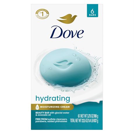 Dove Beauty Bar 6 Pack Hydrating with Glacial Water & Avocado Oil 3.75 oz