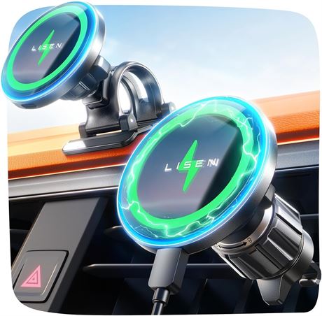 LISEN MagSafe Car Mount, 15W Fast Charging Magnetic Phone Holder, Black
