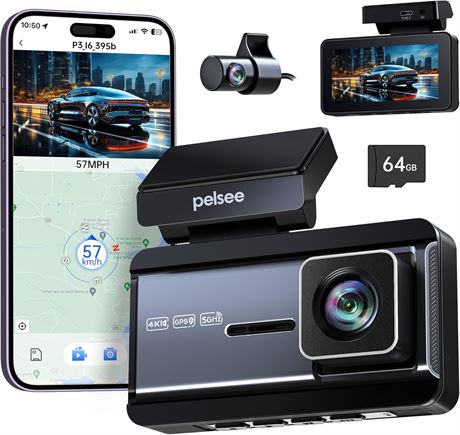 Pelsee 4K+1080P Dash Cam Dual Channel with GPS, 64GB SD, ADAS, BSD