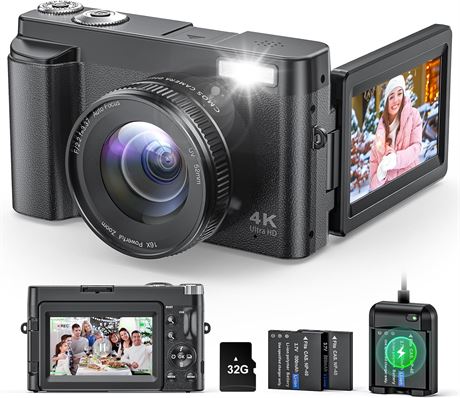 4K Digital Camera for Beginners & Teens, 48MP, 3' Flip Screen, 16x Zoom