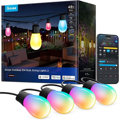 Govee S14 Outdoor String Lights 48ft, 15 LEDs, IP66, Alexa/Google, App