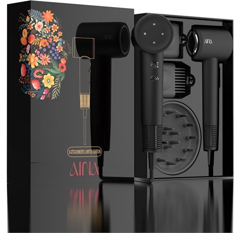 Sèche-cheveux AINA BLDC 110K RPM, ionique, 3 embouts, compact noir