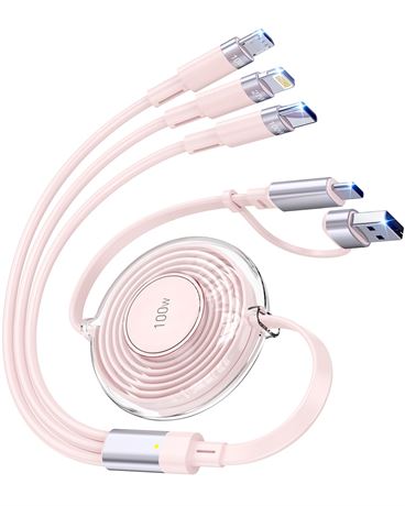 100W 5-in-1 Retractable Charger Cable: Lightning, Micro USB, USB-C, 4ft Pink
