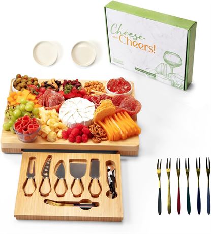 Charcuterie Board Set: Bamboo Cheese Board with Knives, Bowls & Accessories