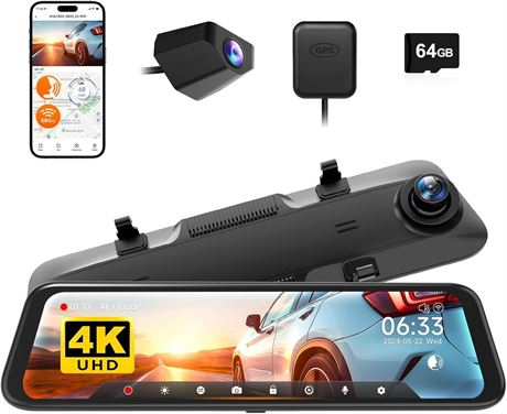 WOLFBOX G850 4K Mirror Dash Cam, 5.8GHz WiFi, GPS, 64GB Card, Voice Control