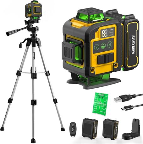 Alloyman 4x360  Self-Leveling Laser Level with Tripod, Green Line, 2 Batteries