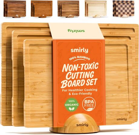 SMIRLY Bamboo Cutting Board Set with Holder   Wooden Cutting Boards for Kitchen