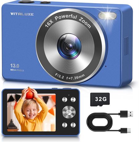 VITALUXE 4K Digital Camera for Kids, 13MP, 16x Zoom, 2.83' LCD, 32G Card