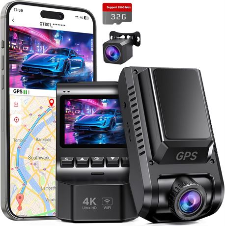 Dash Cam Voiture 4K + 1080P Avant Arrière WiFi GPS Vision Nocturne 32Go Incluse
