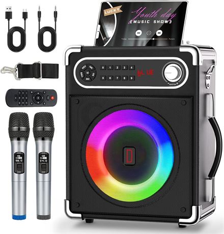 Karaoke Machine, Portable Bluetooth Speaker with 2 Wireless Microphones