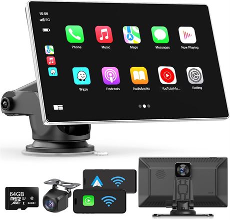 Portable Apple CarPlay Screen 9" Wireless CarPlay & Android Auto, Dash Cam