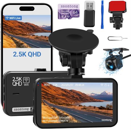 Dash Cam Front/Rear WiFi 64GB 2.5K/1080P Night Vision, Loop, G-Sensor, 256GB
