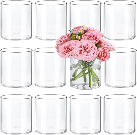 12 Pack 4" Glass Cylinder Vases Clear Centerpiece Set