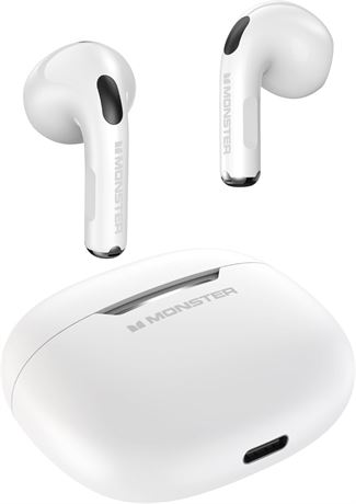 Monster N-Lite 208 Wireless Earbuds, Bluetooth, 30H Playtime, Type-C, White