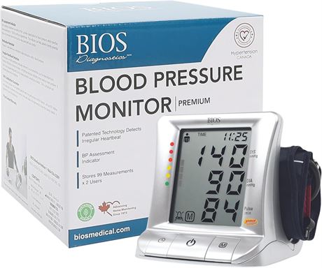 BIOS Diagnostics Premium Blood Pressure Monitor, 2 Users, Jumbo LCD Display