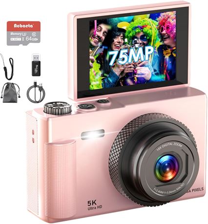 5K Digital Camera, 75MP Vlogging, 64GB SD Card, 2.8' Flip Screen, 18x Zoom