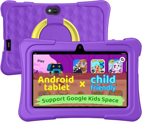 Kids Tablet 7in Android 15, 8GB+32GB Quad-Core, Shockproof Case (Purple)