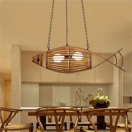 Fish Shaped Pendant Light, Bamboo Fish Hanging Lamp, 1-Light Rattan