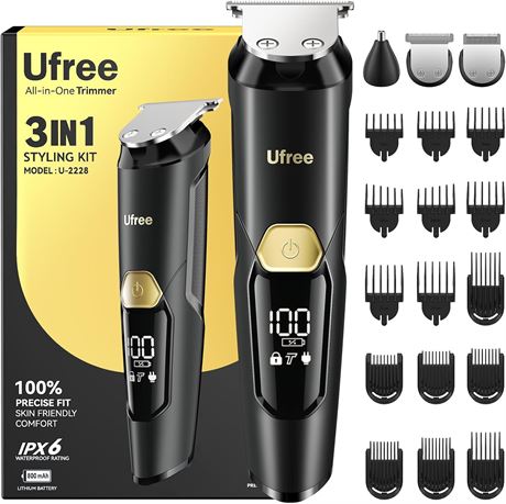 Ufree 3-in-1 Beard Trimmer for Men, Rechargeable Waterproof Grooming Kit