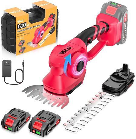 Cordless Hedge Trimmer, 2-in-1 with 1500mAh 2 Batteries, Charger Included