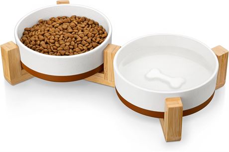 MALACASA Ceramic Dog Bowls with Wood Stand, 1.5-Cup Dual Food/Water Small