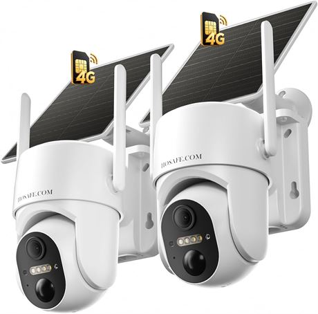 4G LTE Solar Security Cameras, 2 PCS 360  View, Off-Grid, 2K Vision